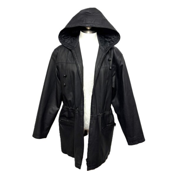 Middlebrook Park Black  Leather Mid-Length Jacket Coat w/ Hood Women's Large - Picture 1 of 15